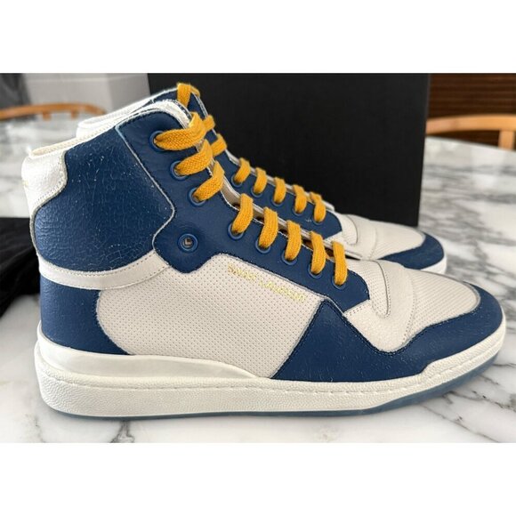 YSL SAINT LAURENT 610618 SL24 LEATHER SNEAKERS MID TOP WHITE BLUE SZ 41 - Picture 2 of 10